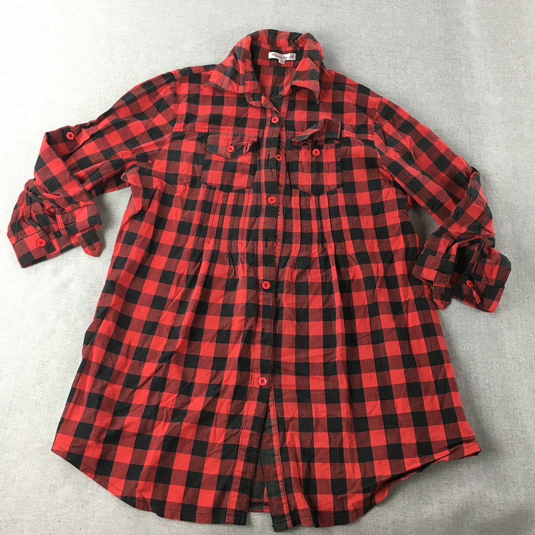 Masquerade Womens Shirt Size 14 Red Black Checkered Long Sleeve Button-Up