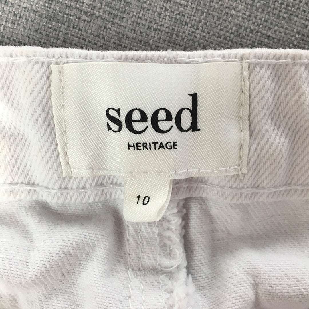 Seed Heritage Womens Denim Mini Skirt Size 10 White Raw Hem Pockets Straight