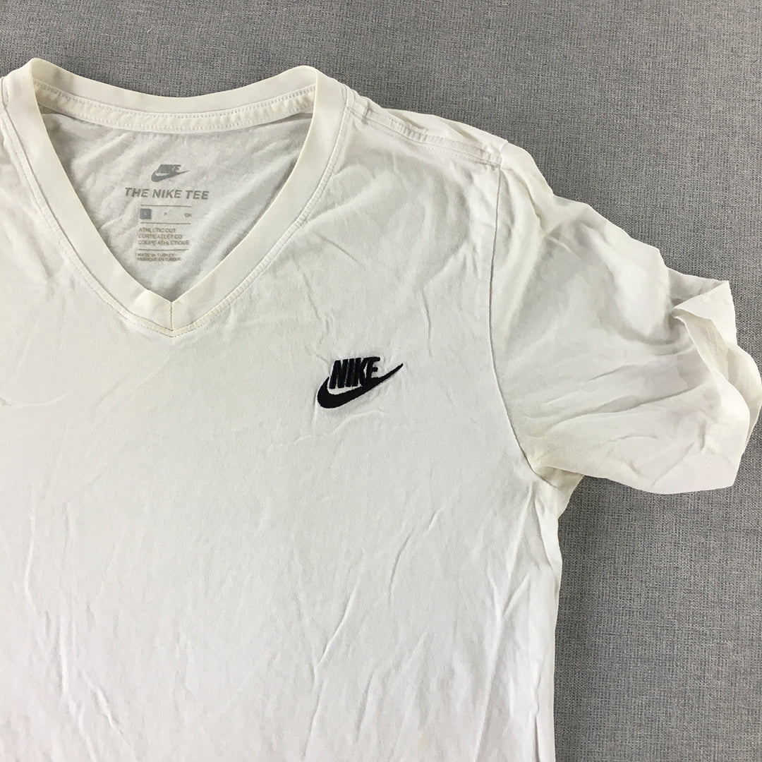 Nike Mens T-Shirt Size S White Embroidered Logo V-Neck Tee