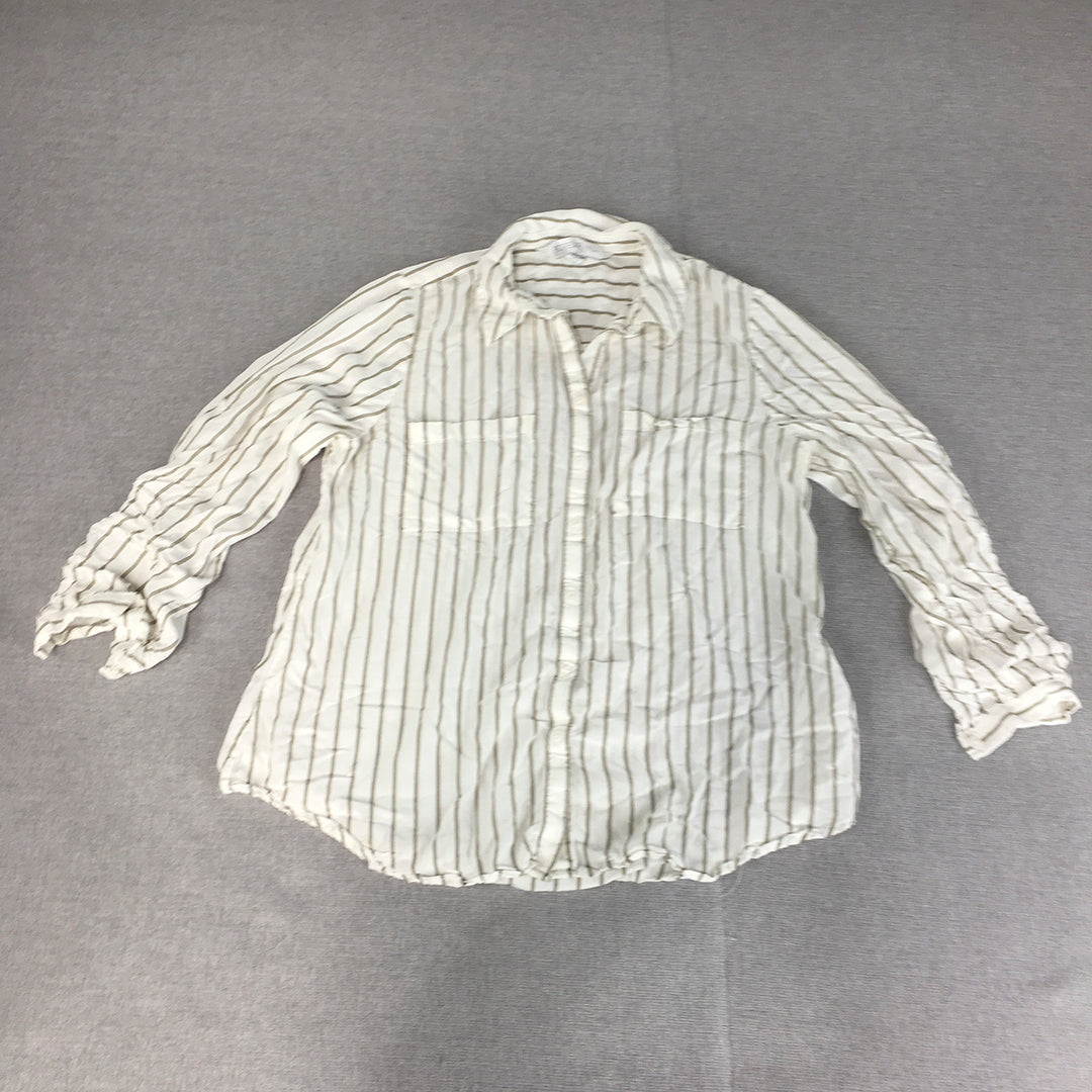 Forever New Womens Top Size 10 White Striped Long Sleeve Button-Up Pockets