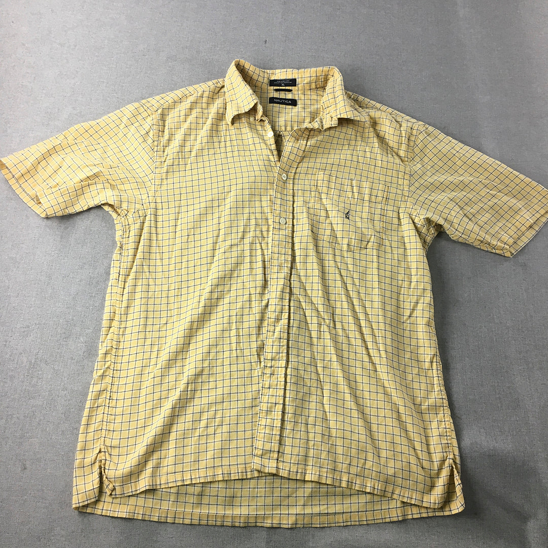 Nautica Mens Shirt Size XL Yellow Checkered Short Sleeve Logo Button-Up