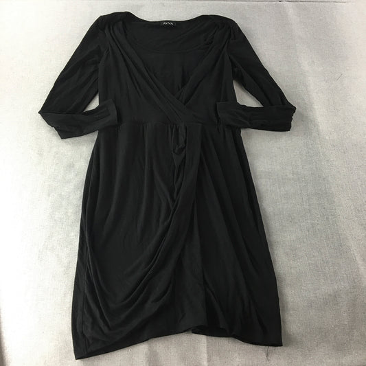 Ayva Womens Dress Size L Black V-Neck Long Sleeve Midi Stretch Fabric