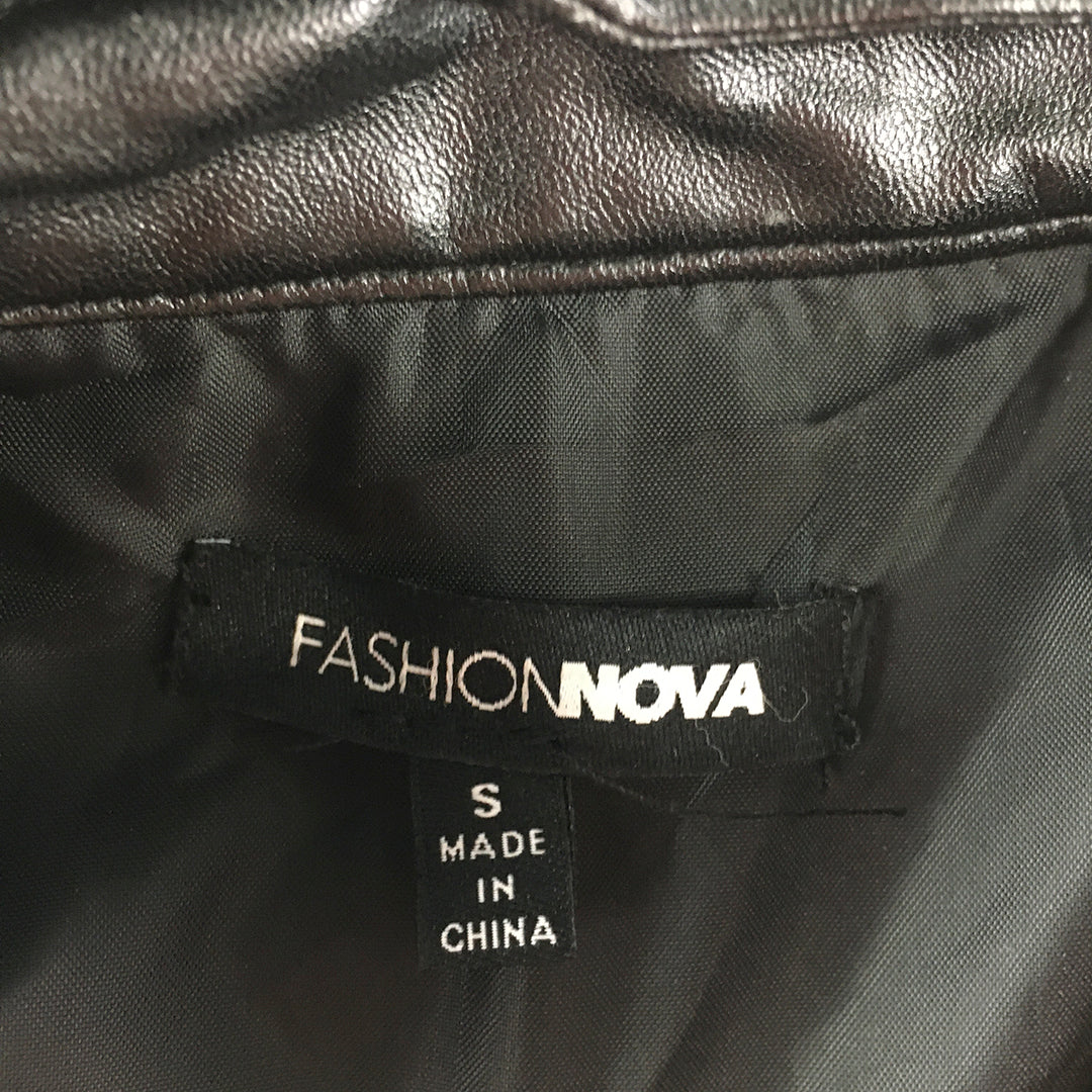 Fashion Nova Womens Faux Leather Jacket Size S Black Zip-Up Pea Coat