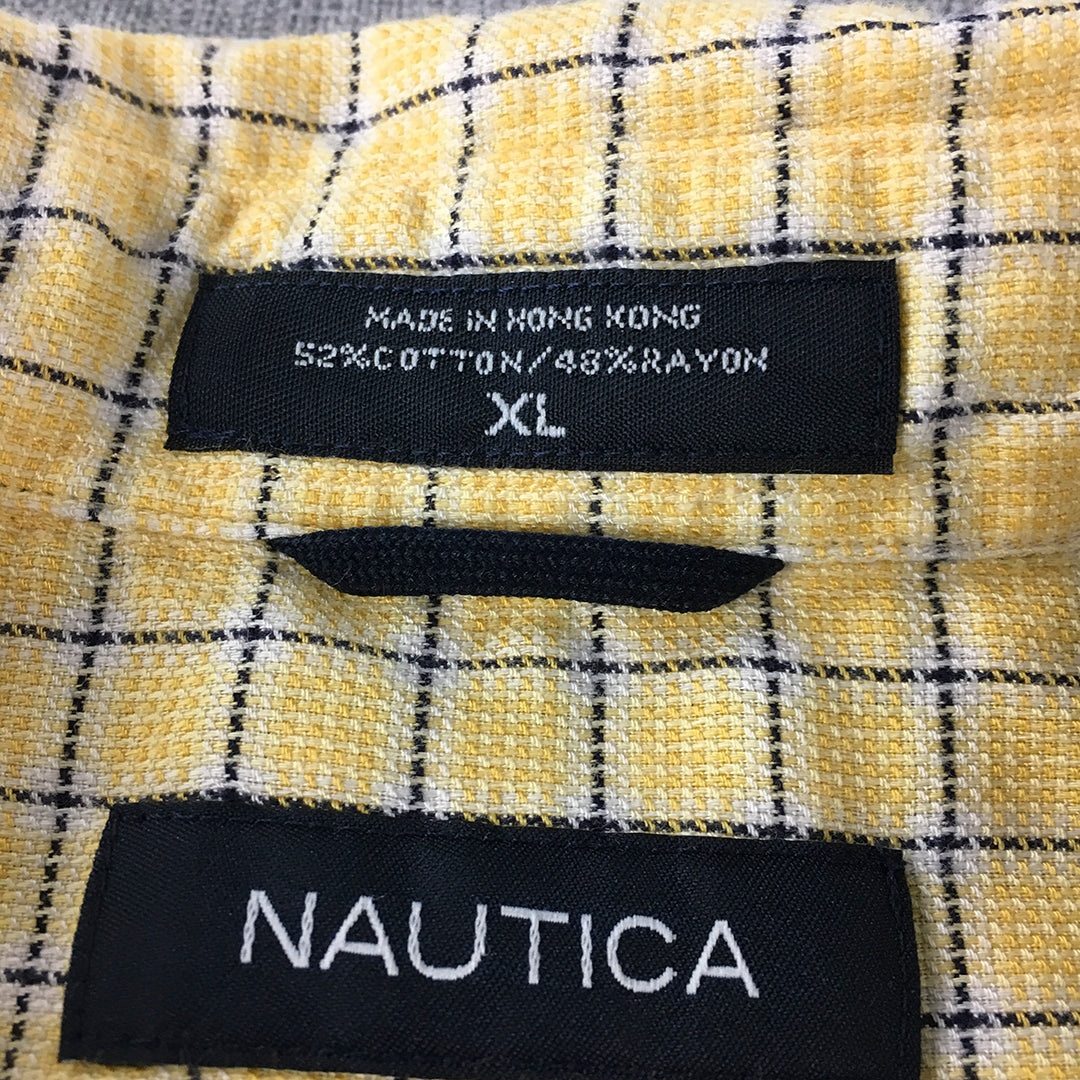 Nautica Mens Shirt Size XL Yellow Checkered Short Sleeve Logo Button-Up