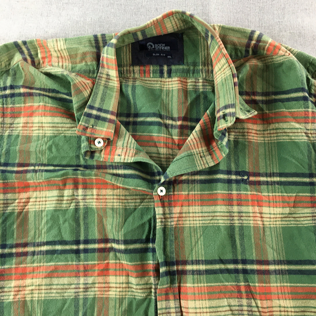 Body Spinner Mens Flannel Shirt Size 2XL Slim Fit Green Button-Up