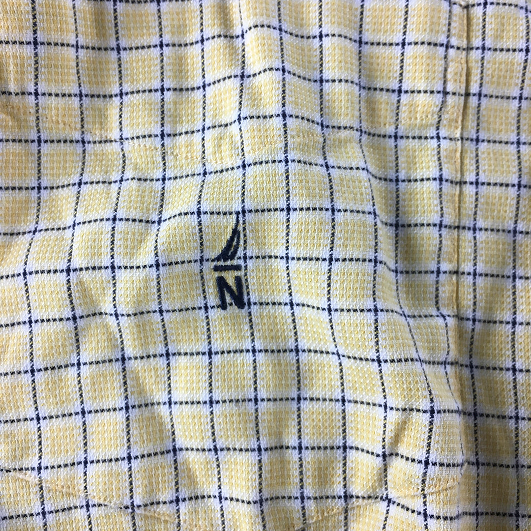 Nautica Mens Shirt Size XL Yellow Checkered Short Sleeve Logo Button-Up