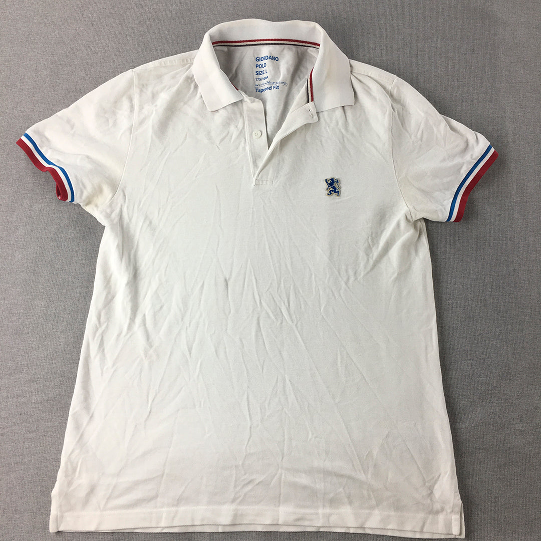 Giordano Mens Polo Shirt Size L Tapered Fit White Logo Collared Rugby