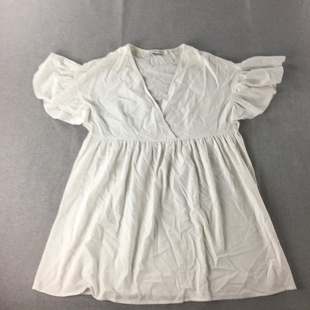 Atmos & Here Womens Linen Mini Dress Size 10 White Pleated Surplice Neckline