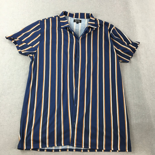 Boohoo Man Shirt Size L Blue Brown Striped Short Sleeve Button-Up