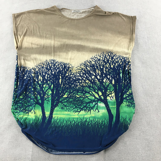 Hourglass Womens Top Size XL Brown Green Blue Sunset Trees Blouse