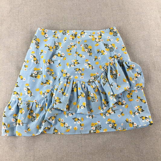 Atmos & Here Womens Mini Skirt Size 8 Blue Floral Frilled