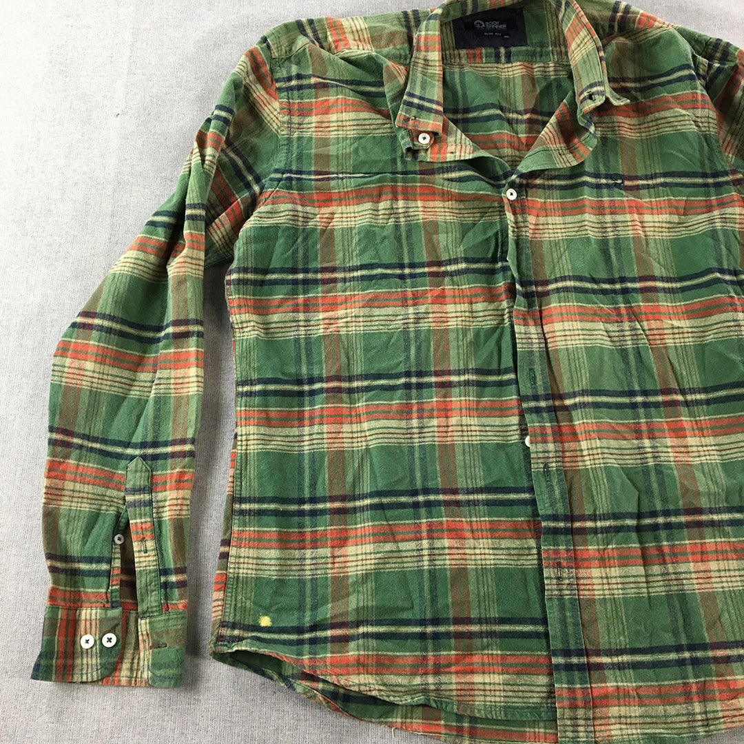 Body Spinner Mens Flannel Shirt Size 2XL Slim Fit Green Button-Up