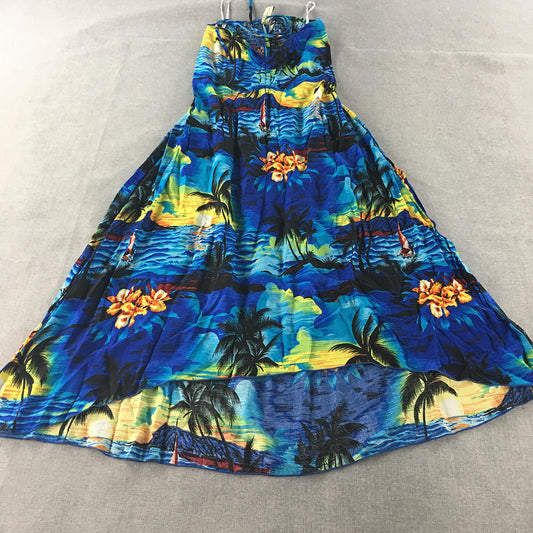 Lunny Island Hawaii Womens Dress Size L Blue Palm Aloha Floral Midi