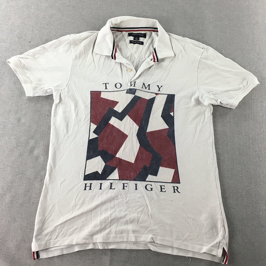 Tommy Hilfiger Mens Polo Shirt Size M White Big Logo Abstract Collared Rugby