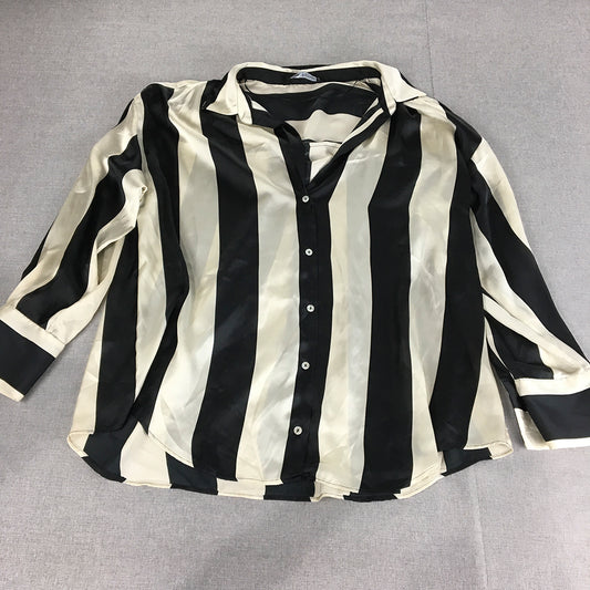 Zara Womens Top Size XL Black White Striped Button-Up Long Sleeve Shirt