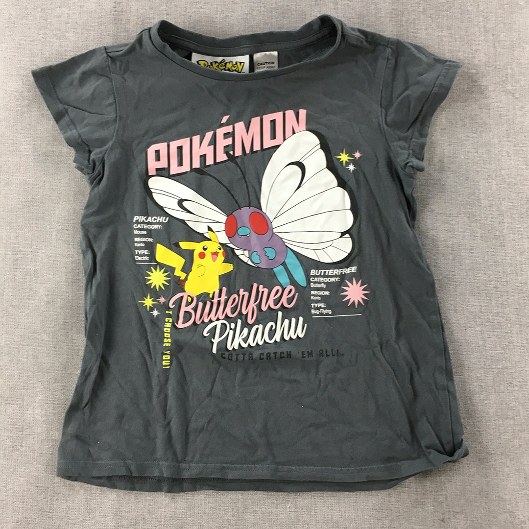 Pokemon Kids Girls T-Shirt Size 8 Grey Pikachu Butterfree Short Sleeve Top