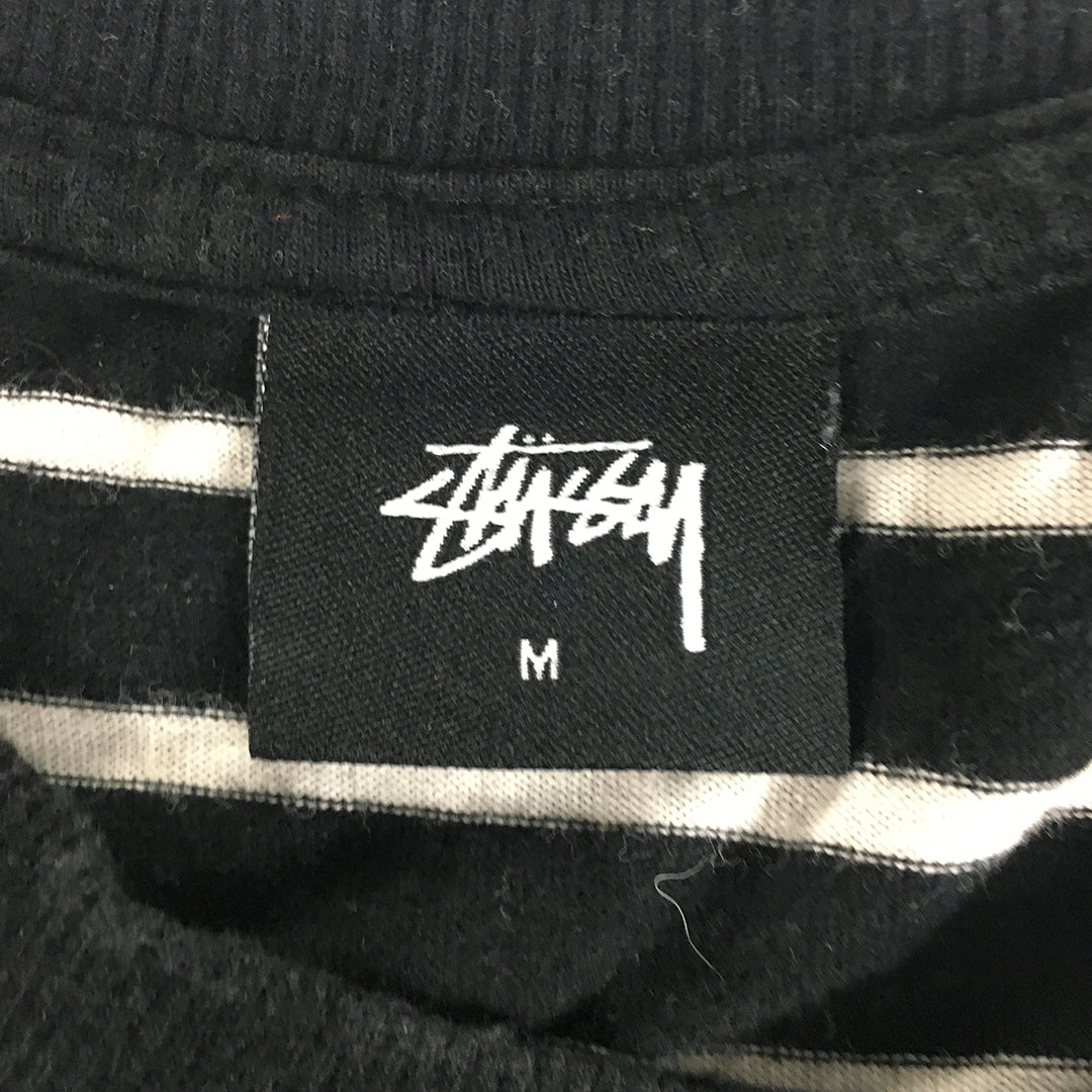 Stussy Mens T-Shirt Size M Black Striped Logo Crew Neck Short Sleeve