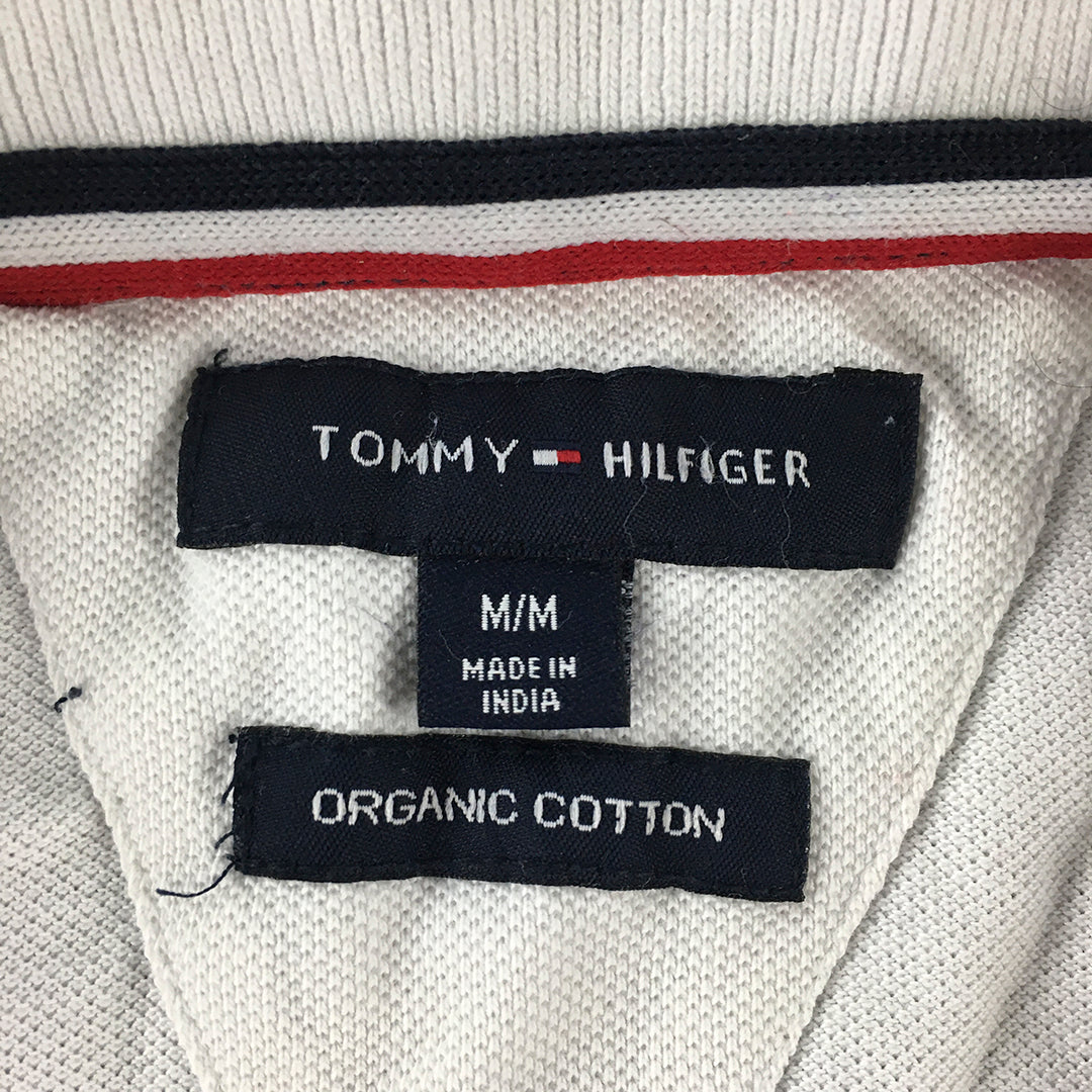 Tommy Hilfiger Mens Polo Shirt Size M White Big Logo Abstract Collared Rugby