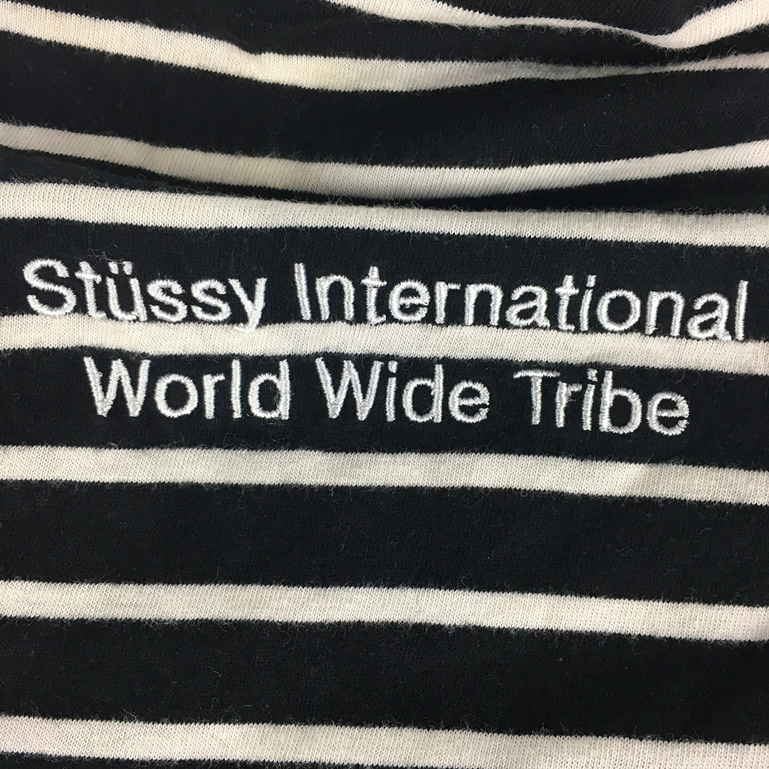 Stussy Mens T-Shirt Size M Black Striped Logo Crew Neck Short Sleeve