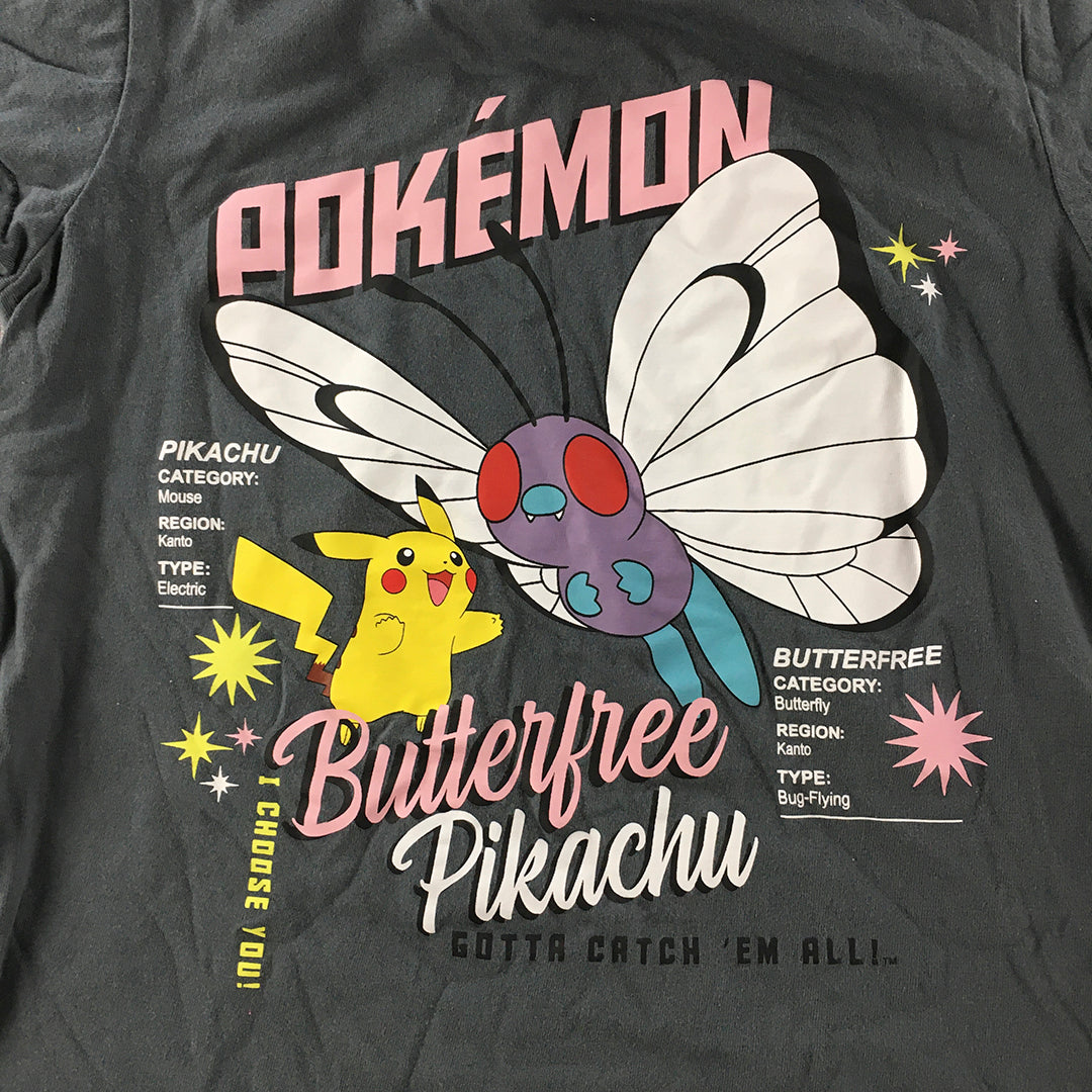 Pokemon Kids Girls T-Shirt Size 8 Grey Pikachu Butterfree Short Sleeve Top