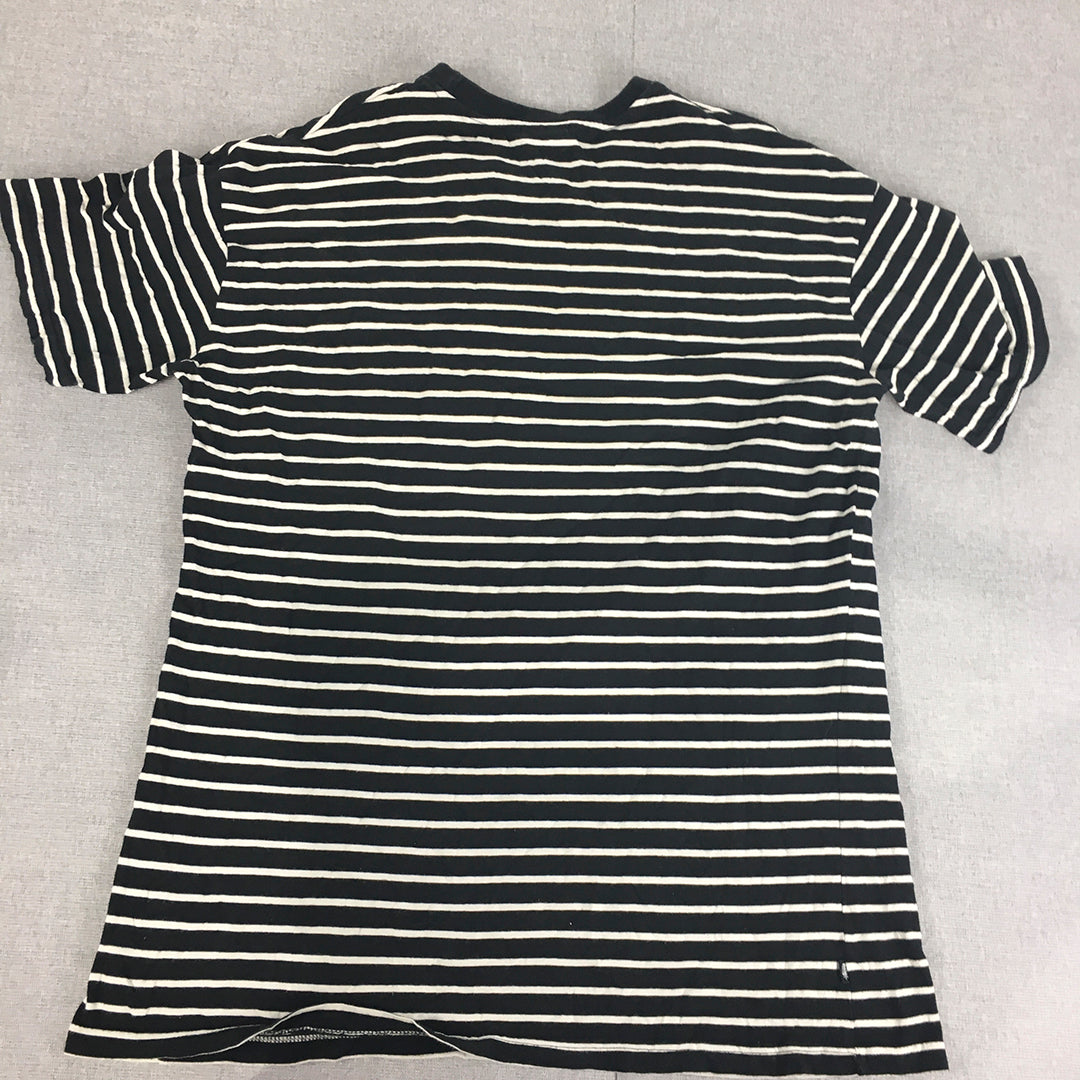 Stussy Mens T-Shirt Size M Black Striped Logo Crew Neck Short Sleeve