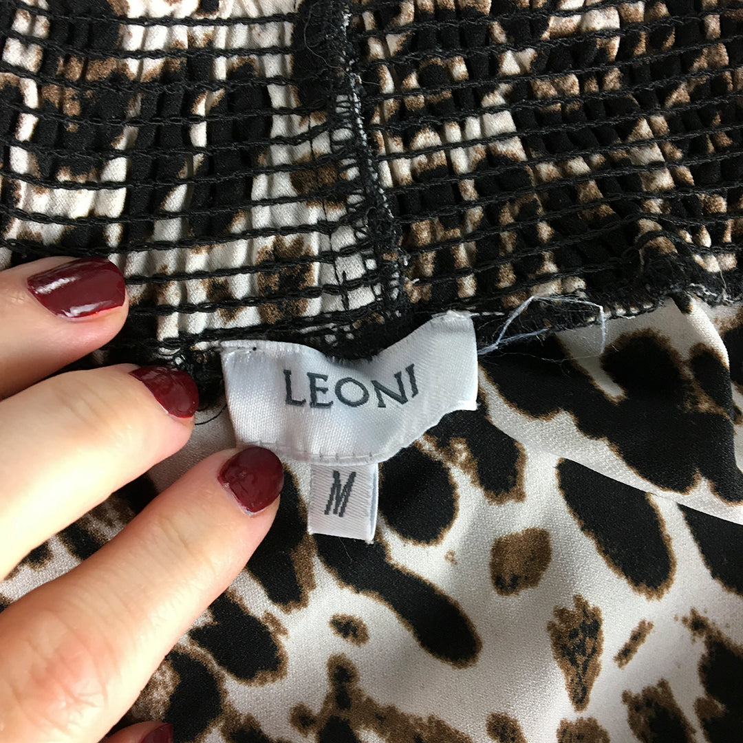 Leoni Womens A-Line Tiered Skirt Size M Brown Leopard Print Elastic Waist