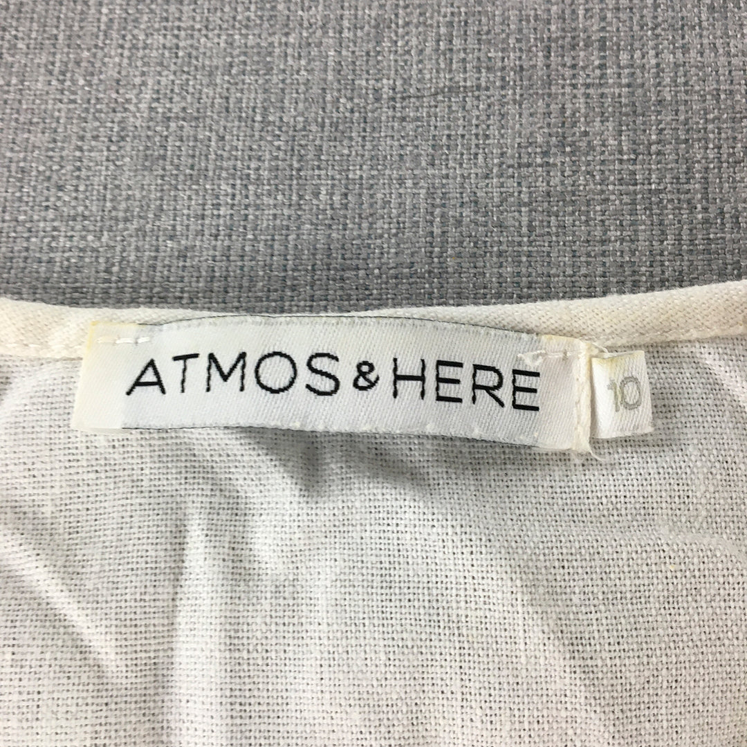 Atmos & Here Womens Linen Mini Dress Size 10 White Pleated Surplice Neckline