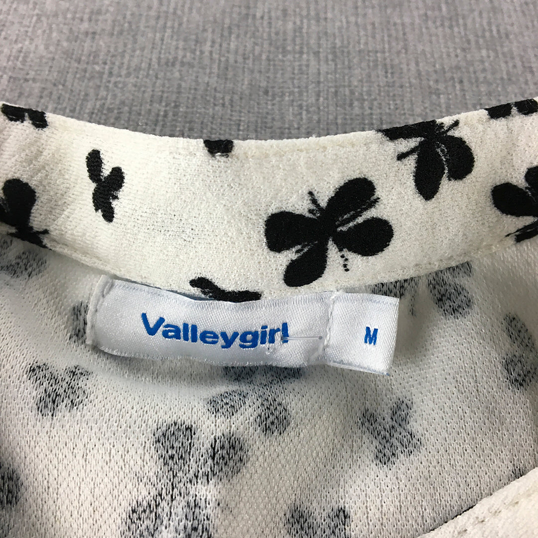 Valleygirl Womens Top Size M White Butterfly Pattern Long Sleeve Button-Up