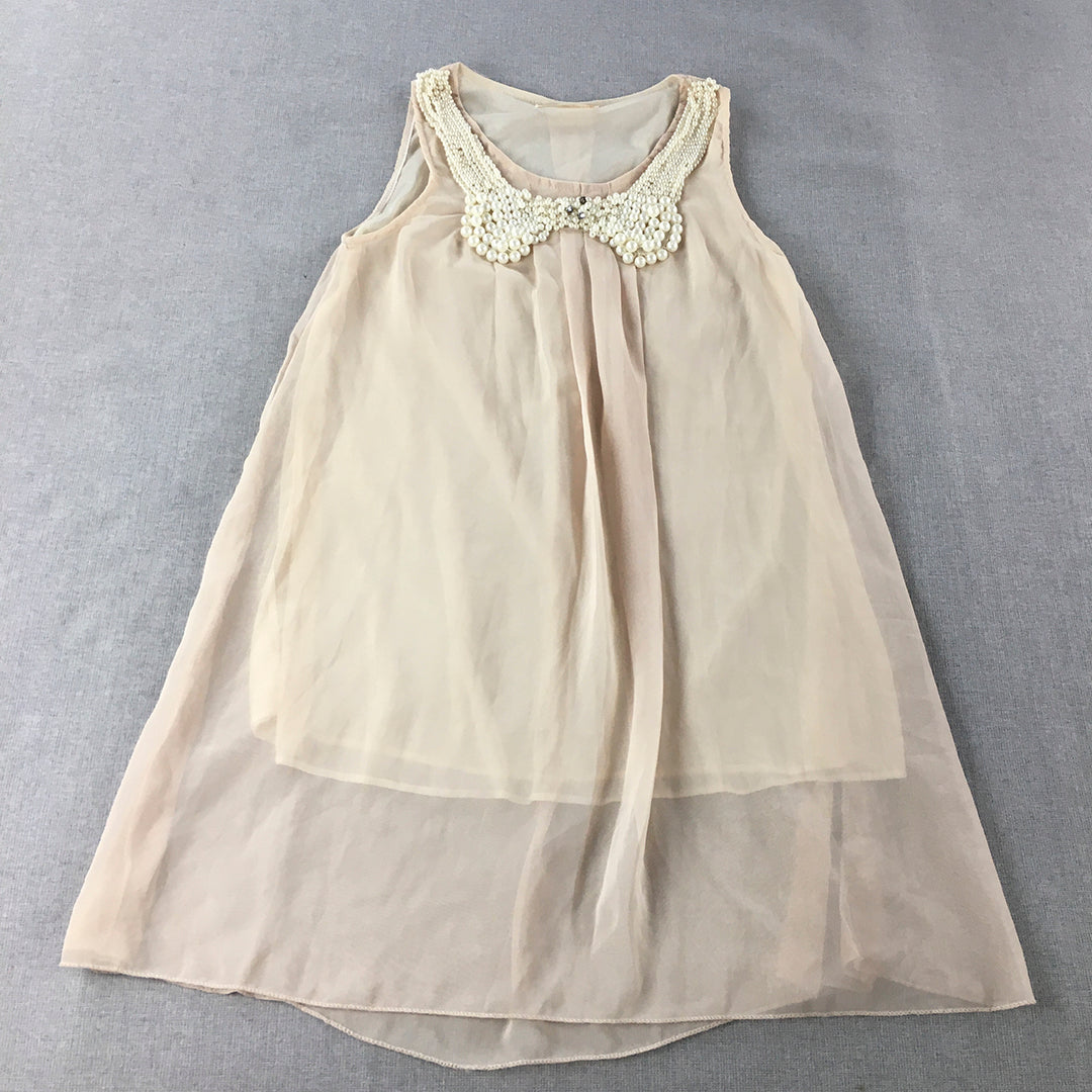 Die Meng Womens Mini Dress Size S Nude Cream Beige Pearl Accents A-Line