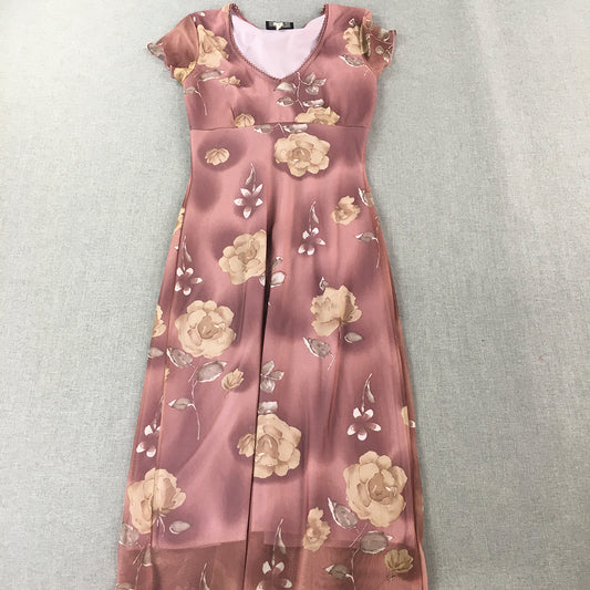 Vintage David House Womens A-Line Dress Size S Pink Floral Midi V-Neck