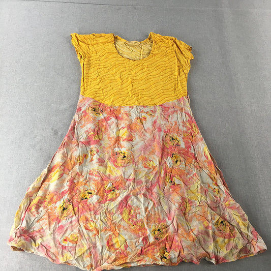 Choosy Cheery Womens Mini Dress Size L (10 AUS) Yellow Pink Floral Fit & Flare