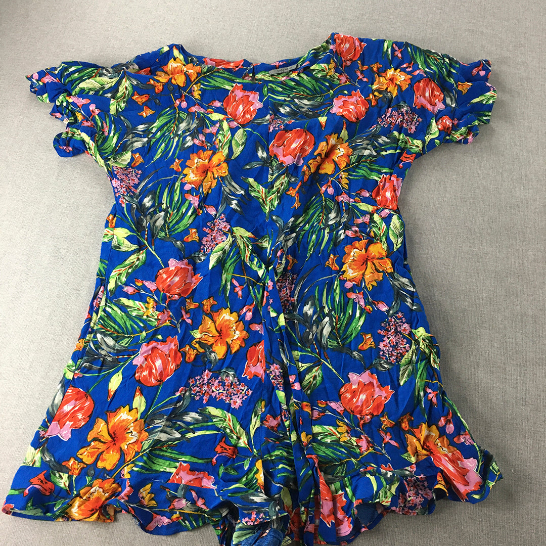 Basement Womens Mini Dress Size M Blue Floral Short Sleeve A-Line