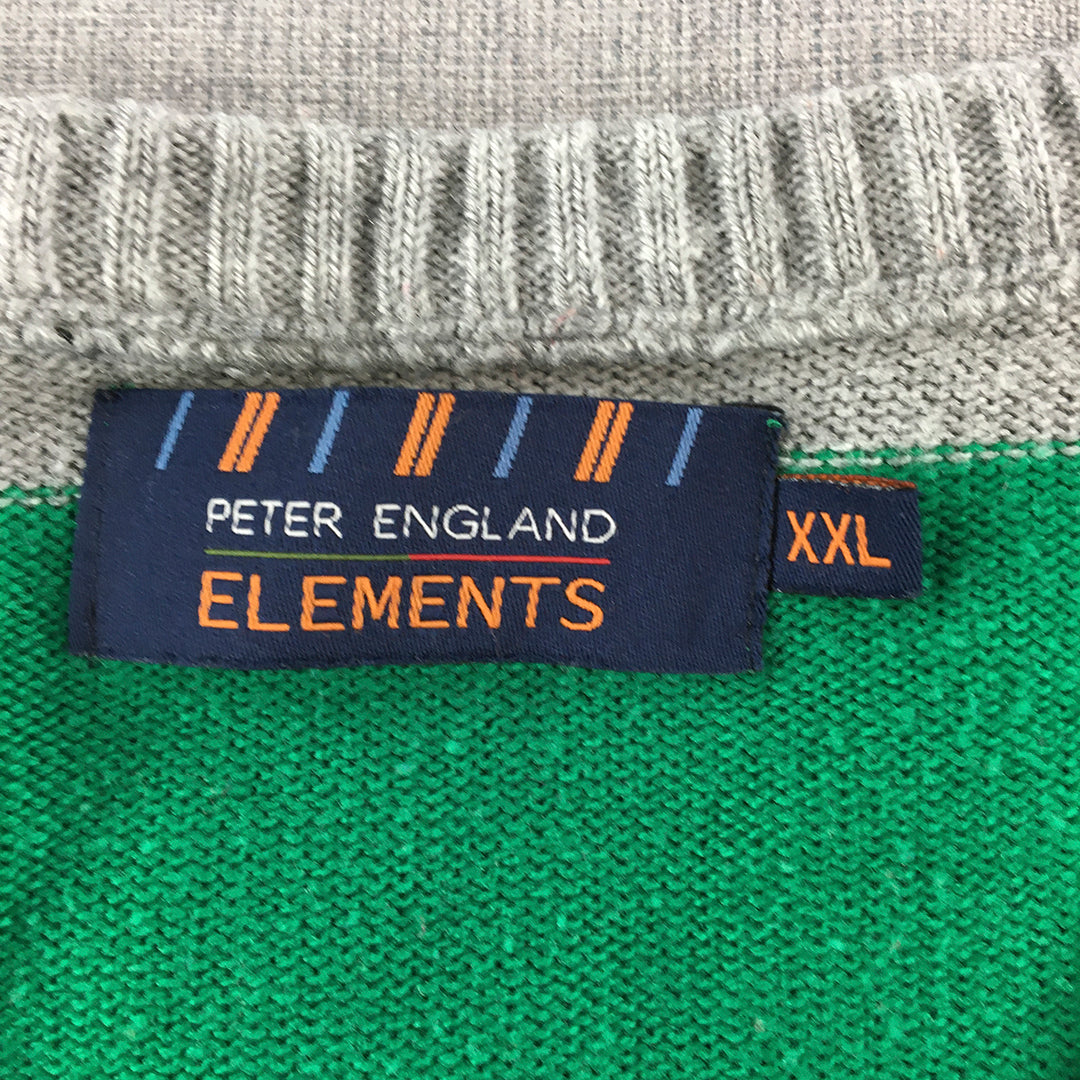 Peter England Mens Knit Sweater Size 2XL Green Grey Striped V-Neck Jumper