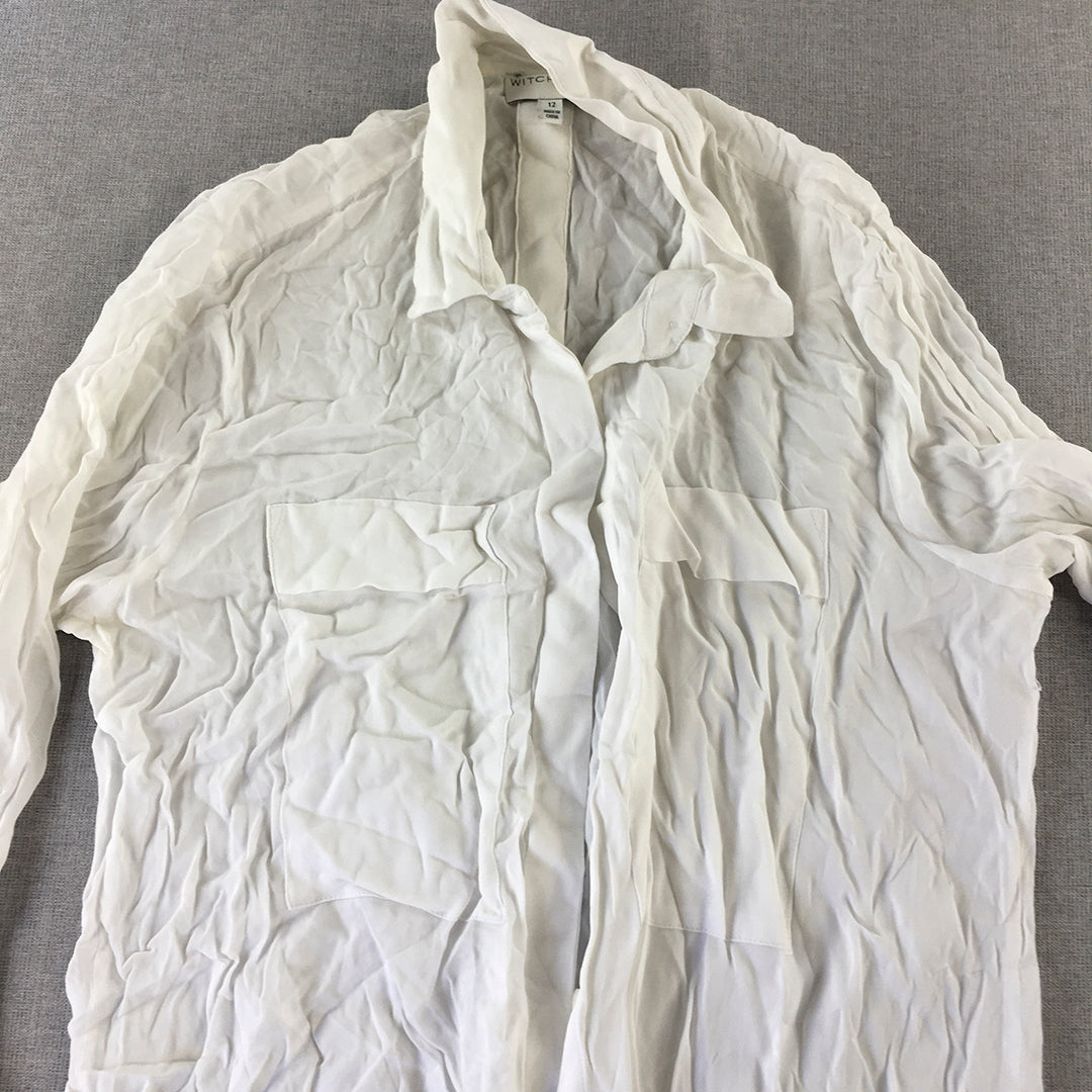 Witchery Womens Top Size 12 White Long Sleeve Button-Up Collared Shirt