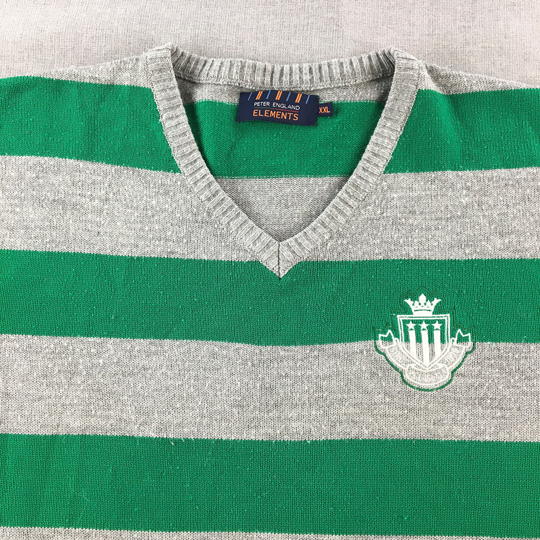 Peter England Mens Knit Sweater Size 2XL Green Grey Striped V-Neck Jumper