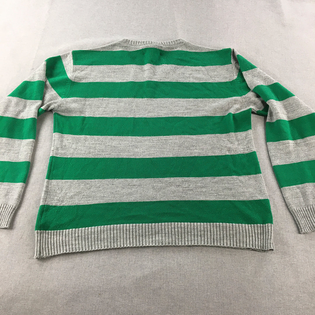 Peter England Mens Knit Sweater Size 2XL Green Grey Striped V-Neck Jumper