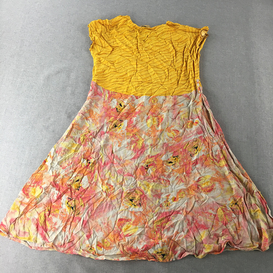 Choosy Cheery Womens Mini Dress Size L (10 AUS) Yellow Pink Floral Fit & Flare