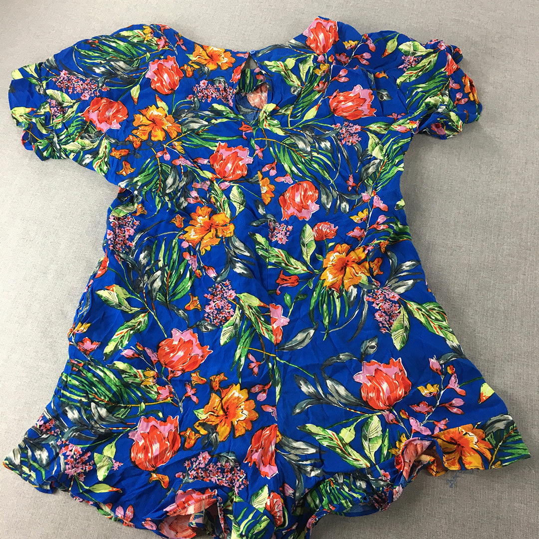 Basement Womens Mini Dress Size M Blue Floral Short Sleeve A-Line