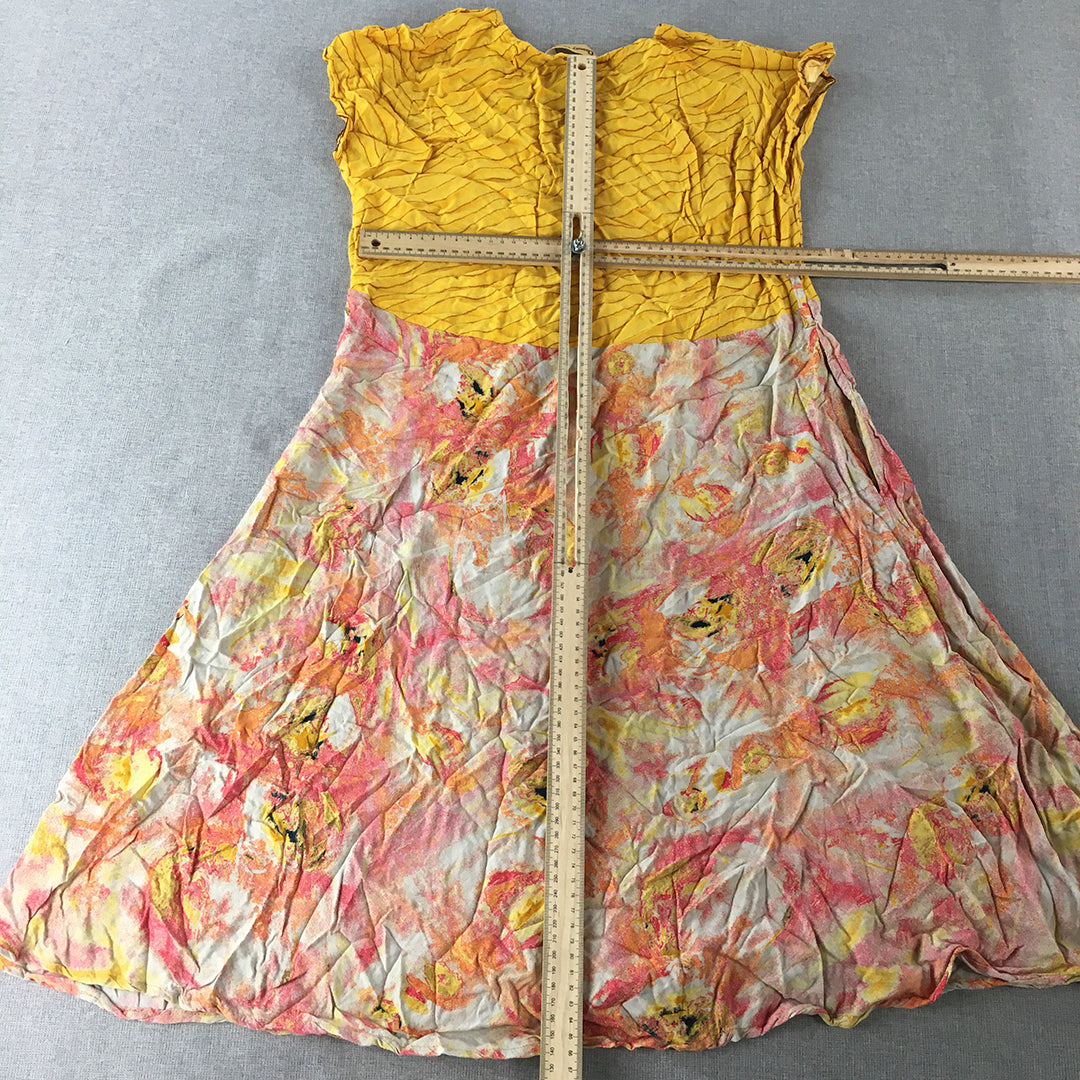 Choosy Cheery Womens Mini Dress Size L (10 AUS) Yellow Pink Floral Fit & Flare