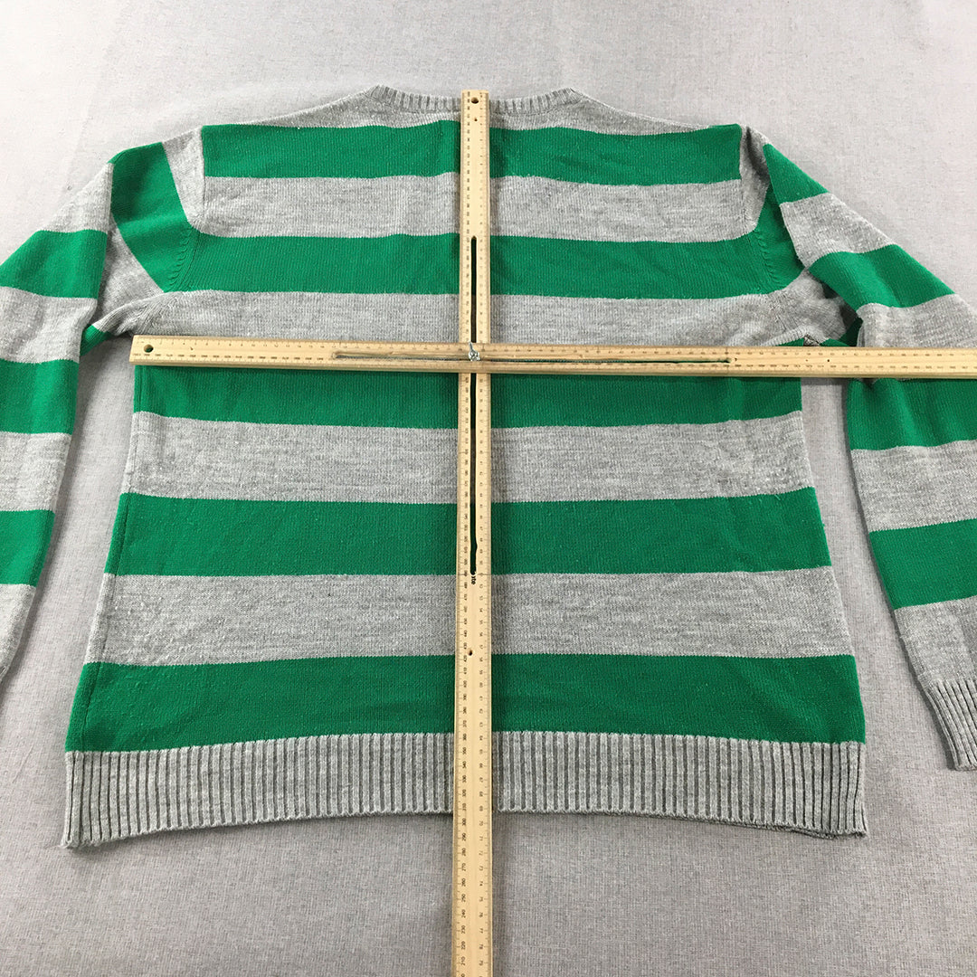 Peter England Mens Knit Sweater Size 2XL Green Grey Striped V-Neck Jumper