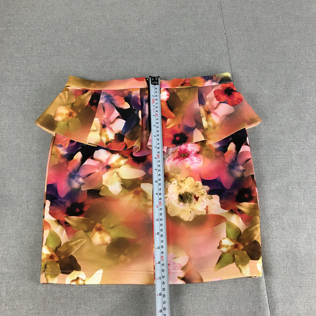 Valleygirl Womens Mini Skirt Size L Pink Floral Frilled Straight Stretch