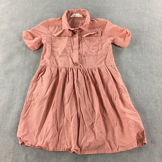 H&M Kids Girls Shirt Dress Size 7 Pink Pleated Short Sleeve Pockets