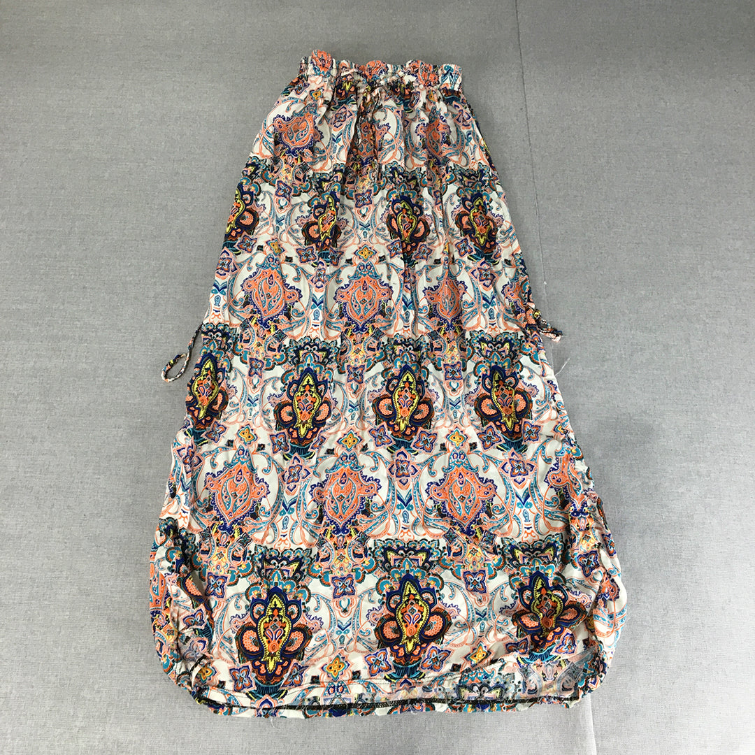 Chic Lady Womens Maxi Skirt Size 10 White Orange Yellow Floral Elastic Waist