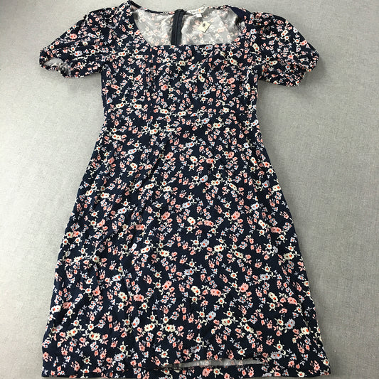 NEW Sunny Girl Womens A-Line Dress Size 10 Blue Floral Short Sleeve Midi