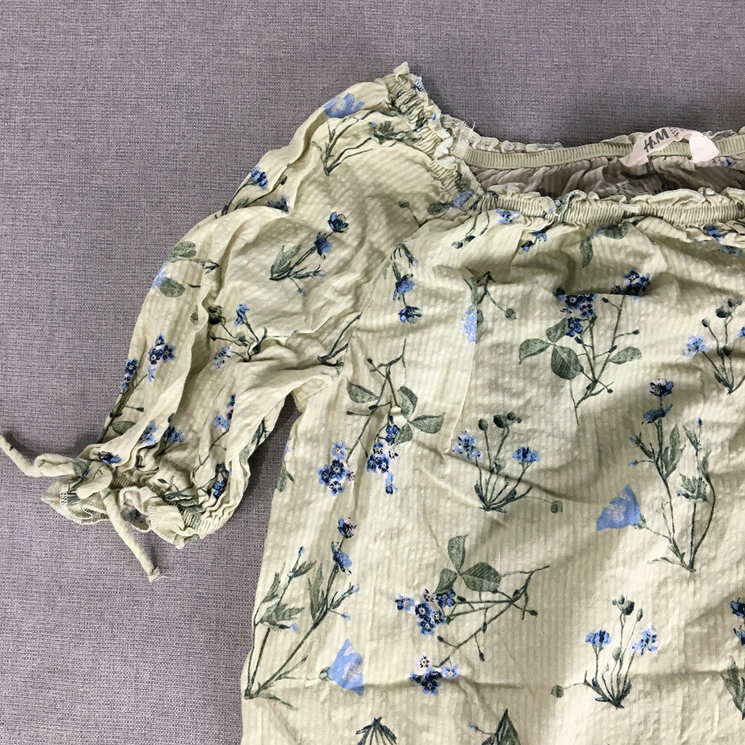 H&M Kids Girls Top Size 12 - 13 Years Green Floral Short Sleeve