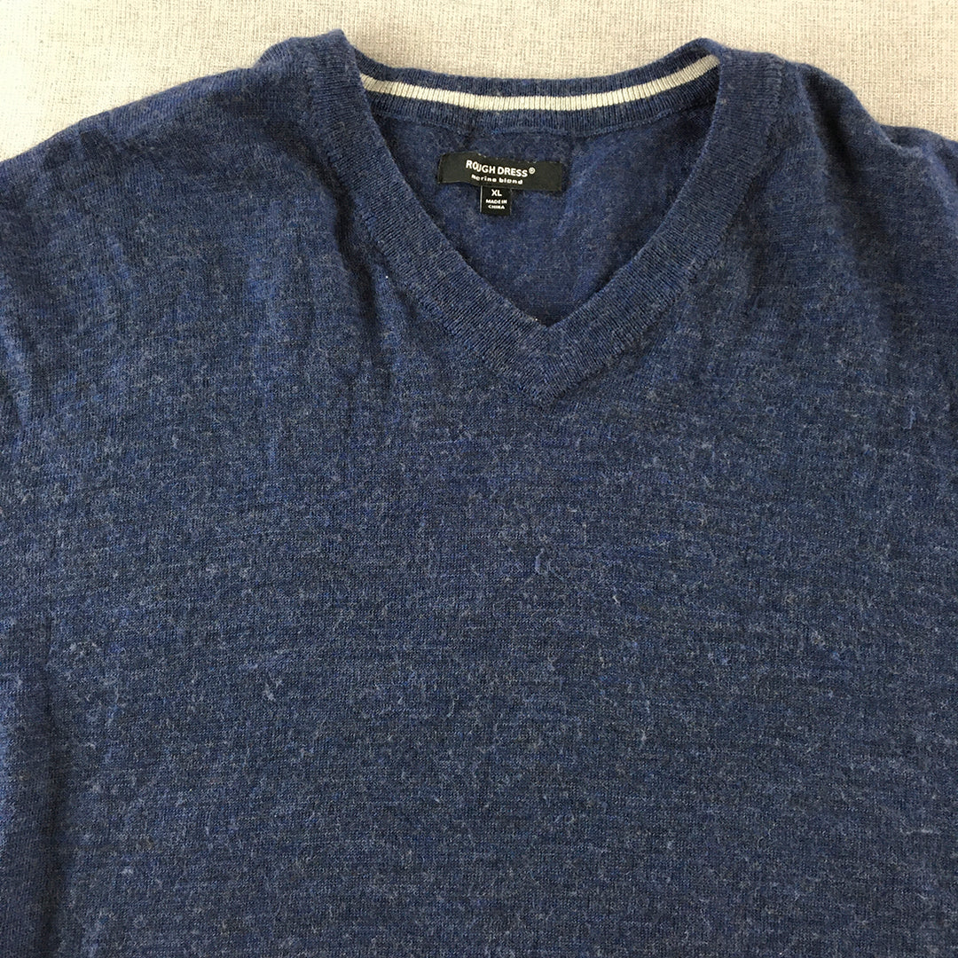 Rough Dress Womens Merino Wool Sweater Size XL Blue V-Neck Knit Pullover Jumper