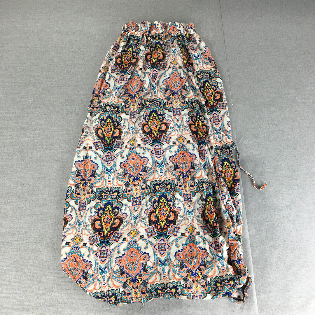 Chic Lady Womens Maxi Skirt Size 10 White Orange Yellow Floral Elastic Waist