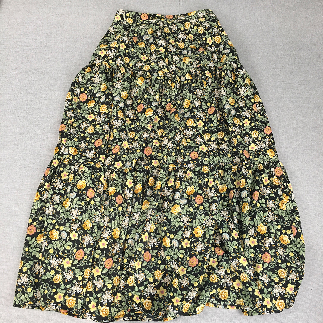 Valleygirl Womens A-Line Maxi Skirt Size 10 Black Green Yellow Floral