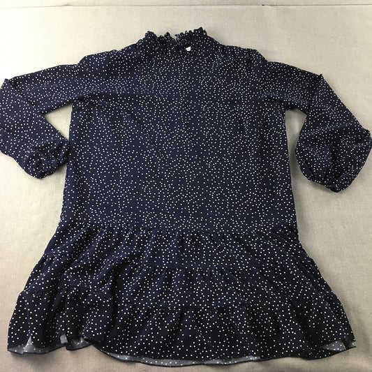 Atmos & Here Womens Mini Dress Size 16 Navy Blue Dot Long Sleeve Ruffled