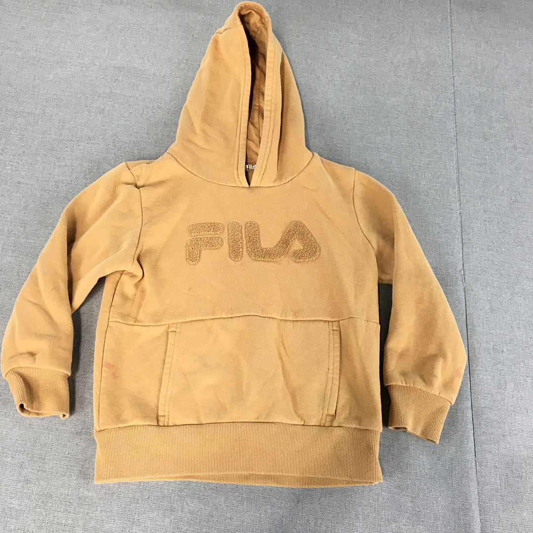 FILA Kids Boys Hoodie Sweater Size 7 Brown Logo Pullover Jumper Pockets